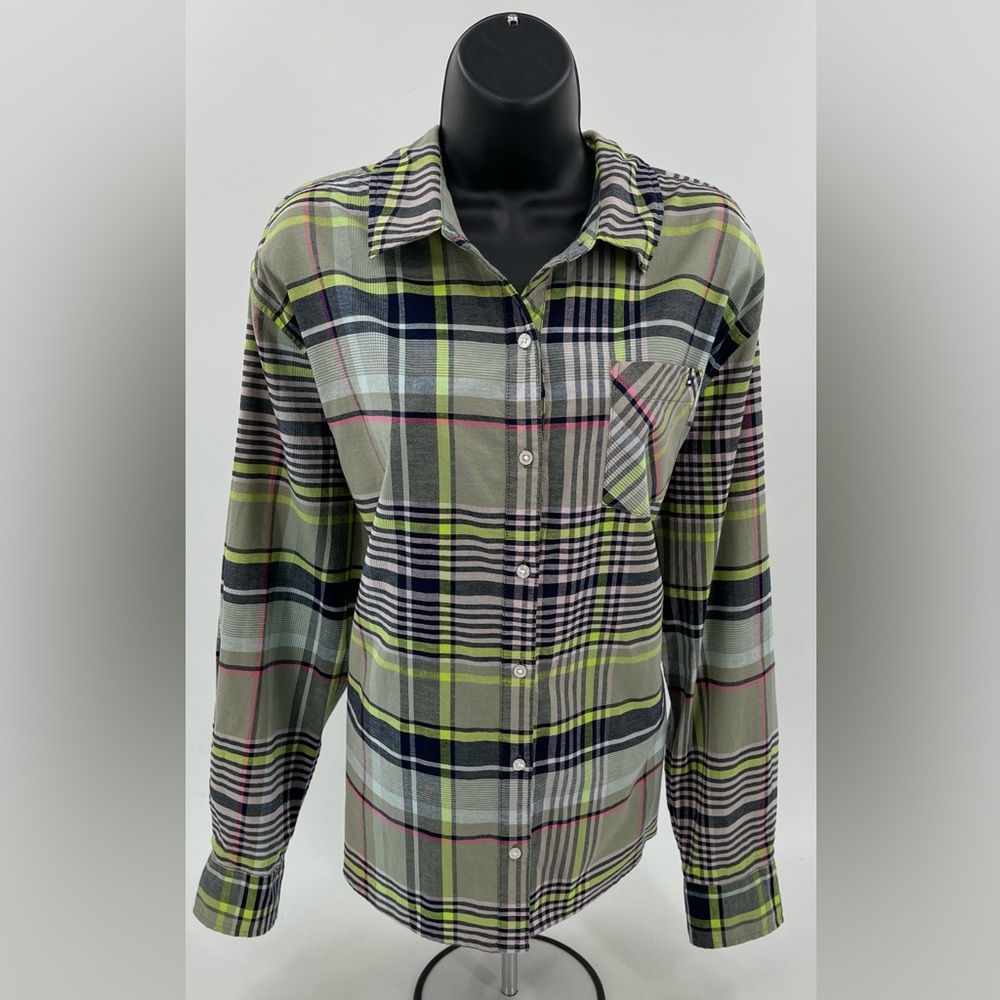 Crown & Ivy Olive Pink White Plaid Boyfriend Shirt Long Sleeves Pocket‎ XL